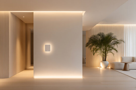 smart home technology, a sleek city apartments smart living room has a concealed touchscreen control panel and ambient lighting for a cozy vibe