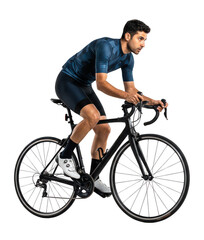 Focused Cyclist Riding Bike, Isolated on White Background