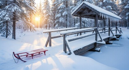A snow-covered wooden bridge in a Scandinavian forest at sunrise is illuminated by the sun casting a golden glow over the snowy pine trees and sparkling frost on the handrails.