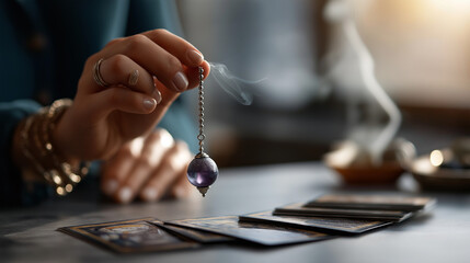 Hands holding pendulum over tarot cards face not visible dowsing practice pendulum divination spiritual guidance energy detection psychic tool yes/no answers mystical