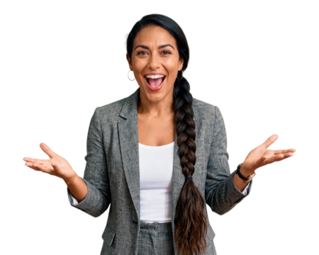 Excited Hispanic Businesswoman Celebrating Success, White Background