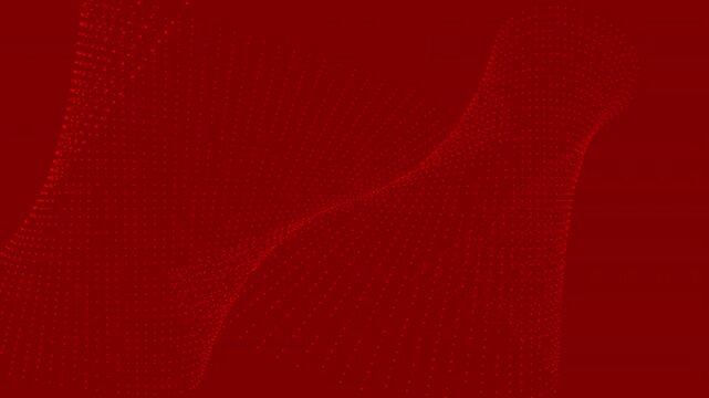 Abstract animation of small red particles forming intersecting spiral patterns on a dark red background. The particles rotate and weave forward and backward, creating a dynamic depth illusion.