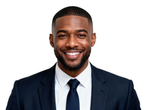 Smiling African American Businessman in Suit, Isolated on White