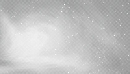 Fototapeta premium Winter snowstorm effect with snow, cold wind effect, soft fog and small snow particles on transparent background; winter Christmas design element.