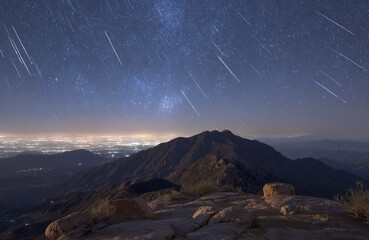 Starlit night sky above mountains with meteor showers illuminating the horizon in a serene landscape