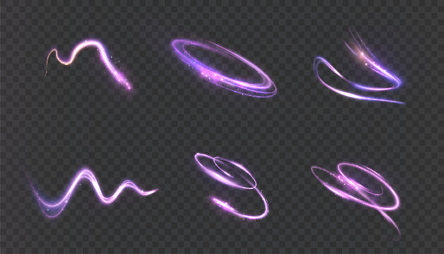 Glowing purple swirls, rings, and arcs with glow effects on a transparent background. Suitable for magical and energetic animations, game interfaces, fantasy effects, and light visualization in design