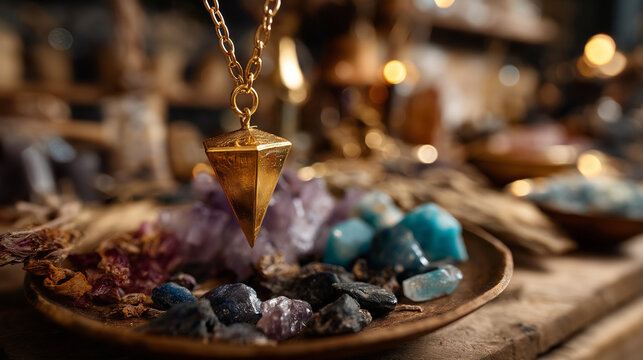 Pendulum on chain above crystals and herbs no faces visible divination setup spiritual tools dowsing practice energy work mystical arrangement ritual items meditation altar