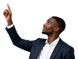 Excited Businessman Pointing Upward, Isolated on White