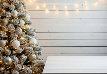Festive White Christmas Tree with Ornaments Lights and Copy Space