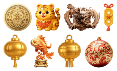 PNG Festive Asian cultural symbols, element set on transparent background