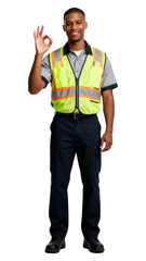 Fototapeta premium Smiling Construction Worker Giving OK Sign on White Background