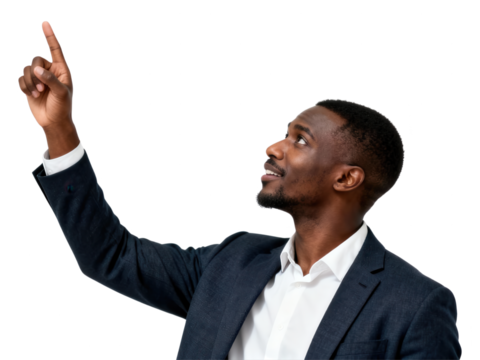 Excited Businessman Pointing Upward, Isolated on White