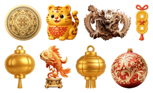 PNG Festive Asian cultural symbols, element set on transparent background