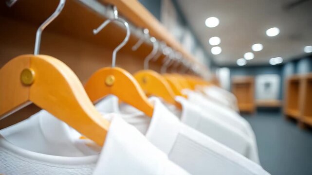 Professional locker room scene with pristine white uniforms neatly hung on wooden hangers evoking teamwork and readiness for competition