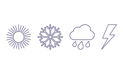 Set of weather and climate icons including sun snowflake rain cloud and lightning bolt for meteorology and forecasting