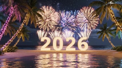 A tropical beach at night Happy New Year 2026 with palm trees decorated with fairy lights, colorful fireworks bursting above the ocean, - Powered by Adobe