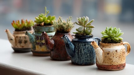 Quirky Teapot Succulents: A Row of Miniature Gardens on a Window Sill