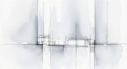 Abstract geometric lines and watercolor washes in monochrome composition