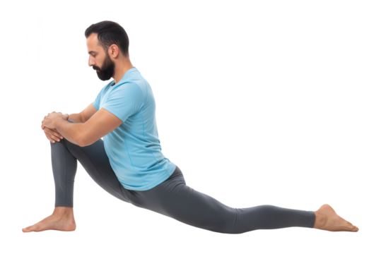 Man Stretching Hip Flexors in Yoga Pigeon Pose on White Background