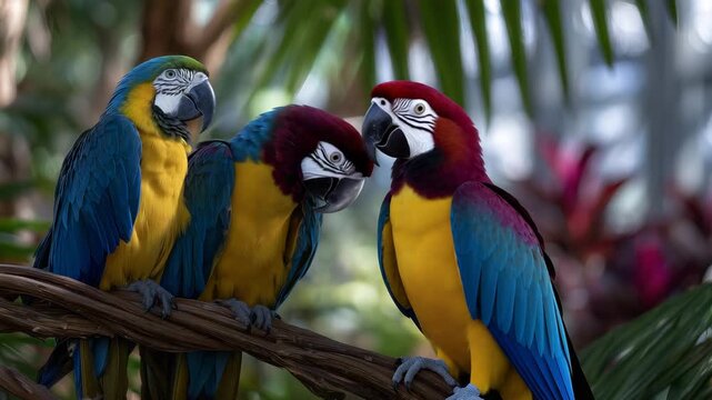 Pair of vivid macaws perched on a spiraling vine, lush tropical plants all around, intricate details in feathers and eyes, natural lighting
