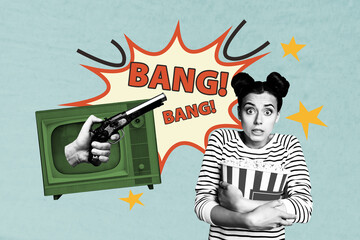 Full 3d art pop image collage of shocked scared girl hold popcorn bucket thriller hand peek tv bang pistol horror cinema