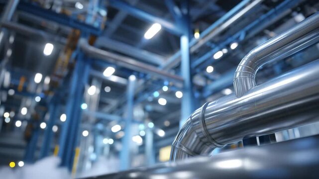 Perspective shot along steaming pipes, wet metallic surfaces reflecting soft white light, modern industrial environment emphasizing scale and technology