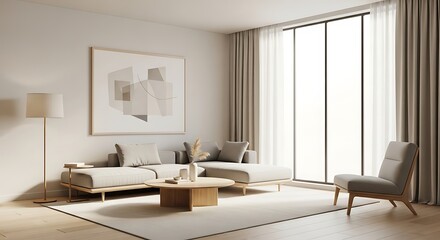 Cozy modern living room interior with neutral-toned furniture and large window