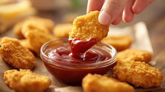 Crispy Chicken Nugget Dipped in Ketchup, Close-Up, Delicious Food.