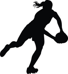 Silhouette of a female athlete in motion playing handball with a ball