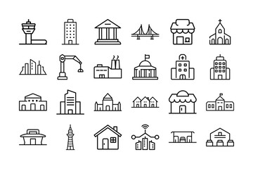 Minimalist building line icons set. Modern architecture, city skyline, house, office, skyscraper, and construction design symbols. Urban infrastructure and real estate concept. Editable stroke. 