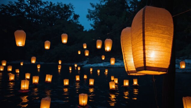 Glowing lanterns on the water