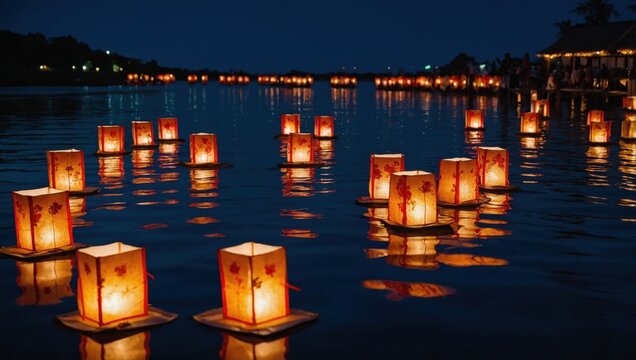 Glowing lanterns on the water