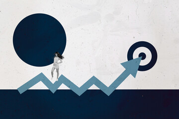 Collage with person observing rising arrow symbolizing startup growth business income statistics...