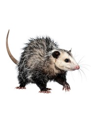 A North American opossum walks on a white background