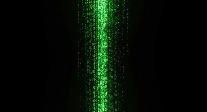 Glowing green digital matrix code rain against black background