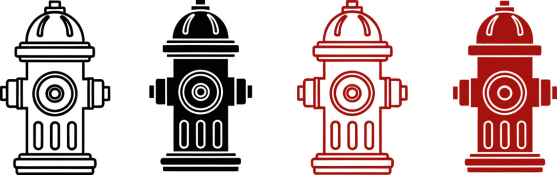 Set of fire hydrant icons. Fire hydrant silhouette, water hydrant symbol. Vector illustration.