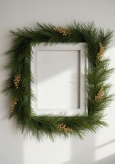 Christmas holiday mockup with an empty white frame and pine garland decoration. Festive winter template with gold accents and copy space for text