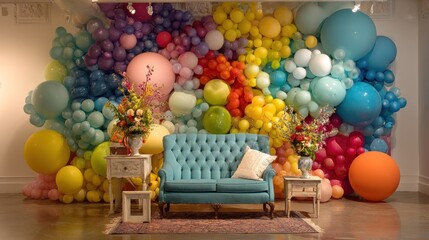 Vibrant Rainbow Balloon Arch Backdrop with Teal Tufted Sofa and Floral Arrangements