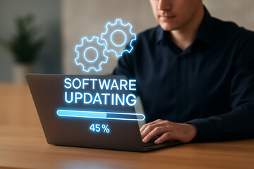 Man using laptop showing glowing software updating progress bar at 45 percent with spinning gears icon symbolizing system maintenance, installation, and technology improvement process