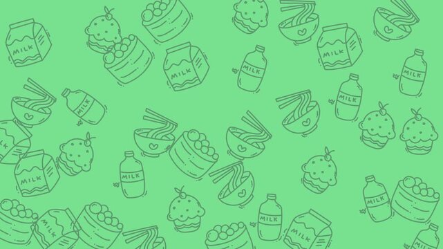 Seamless Pattern of Asian Food Doodles on Green Background.