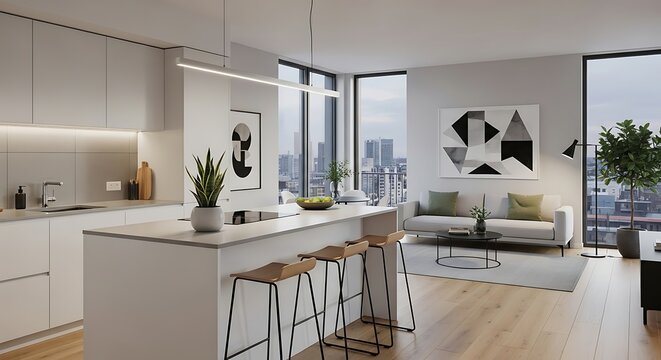 Sophisticated open-plan apartment interior with modern kitchen and living area offering stunning city views