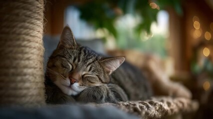 Small tabby cat sleeping on a scratching post, sunlit wooden floor and cozy interior, soft focus background adding to peaceful ambiance