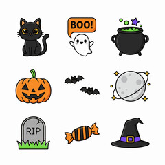 Cute Halloween Icon Set &mdash; Cat, Ghost, Pumpkin, Witch Hat, Candy, and Moon Vector Illustration