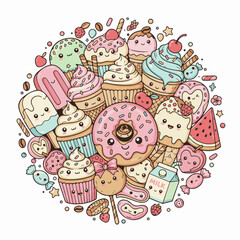 Cute Kawaii Sweets Collection &mdash; Cupcakes, Donuts, Ice Cream, and Candy in Pastel Colors