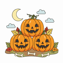 Smiling Jack-O’-Lantern Pumpkins Under Moon with Autumn Leaves — Cute Halloween Cartoon Illustration