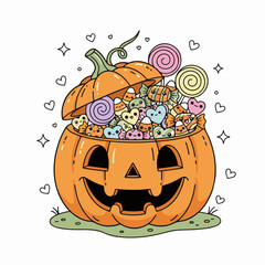 Cute Jack-O&rsquo;-Lantern Pumpkin Filled with Halloween Candy and Lollipops &mdash; Fun Cartoon Illustration