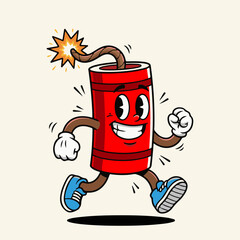 Happy Running Dynamite Stick Character - Cartoon Mascot with Lit Fuse
