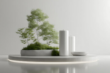 eco-friendly energy art, levitating abstract sculpture represents clean energy with hydrogen tanks, greenery, and sleek battery, against a minimalist backdrop