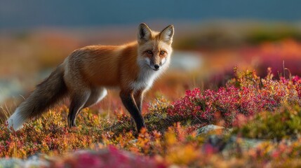 Obraz premium Red Fox Portrait in Autumn Tundra, Colorful Foliage, Sharp Focus