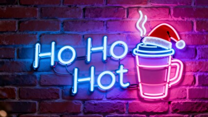 Neon sign on brick wall with "Ho Ho Hot" text and glowing coffee cup icon, Christmas cafe aesthetic